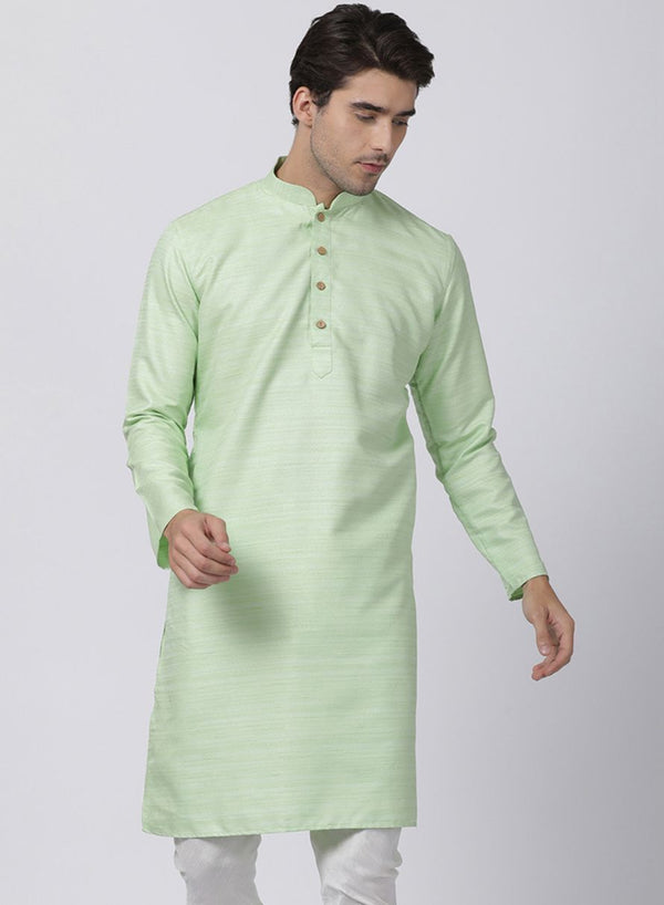 Jashvi Men's Light Green Cotton Silk Blend Kurta