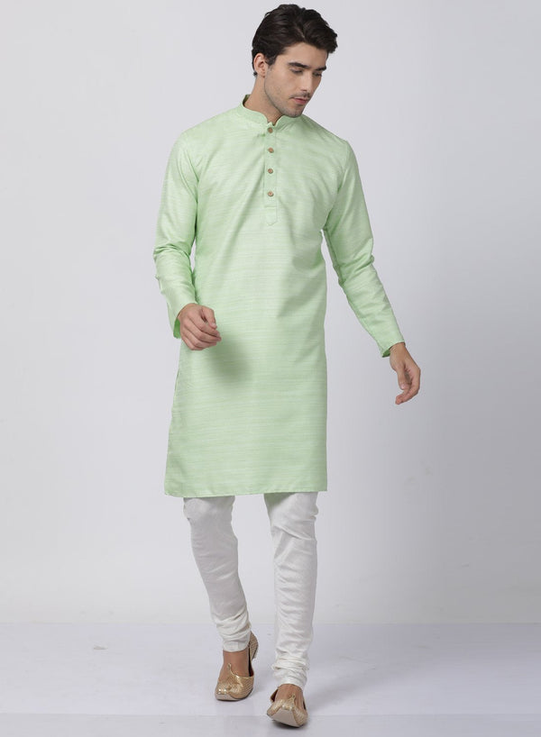 Jashvi Men's Light Green Cotton Silk Blend Kurta and Pyjama Set