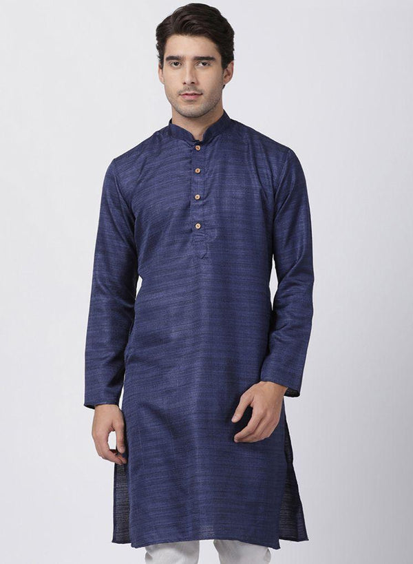 Men's Dark Blue Cotton Silk Blend Kurta - Vastramay