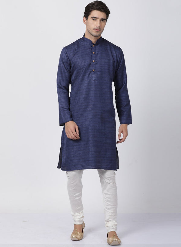 Jashvi Men's Dark Blue Cotton Silk Blend Kurta and Pyjama Set