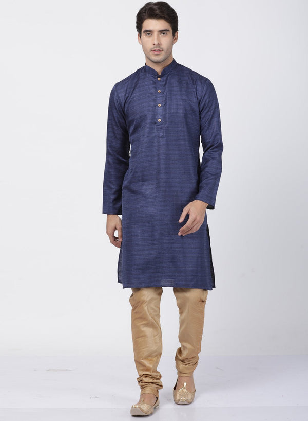 Jashvi Men's Dark Blue Cotton Silk Blend Kurta and Pyjama Set