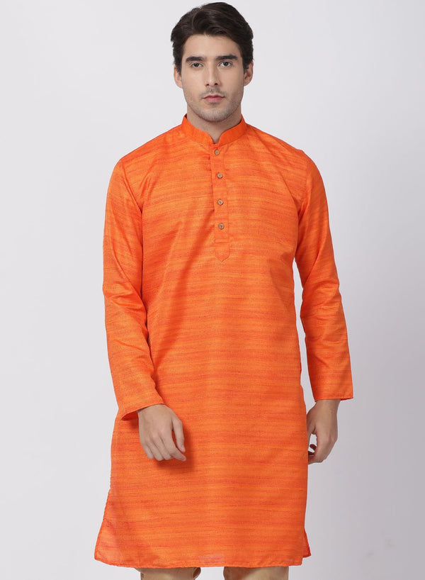 Men's Orange Cotton Silk Blend Kurta - Vastramay