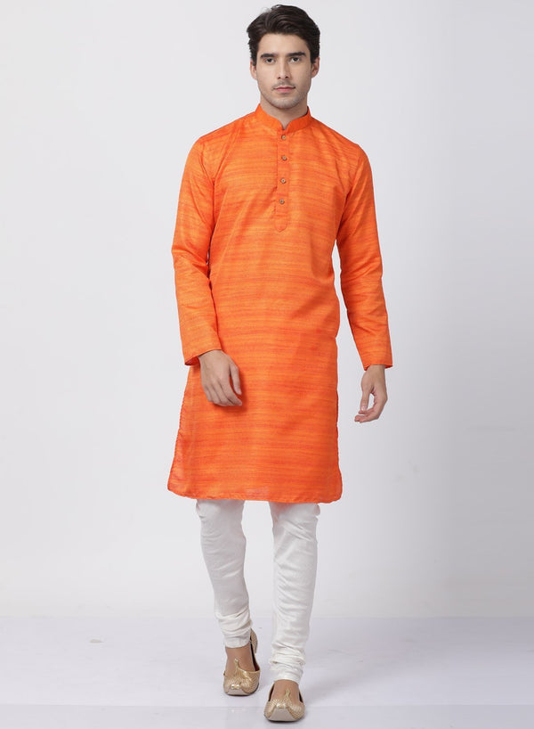 Men's Orange Cotton Silk Blend Kurta and Pyjama Set - Vastramay