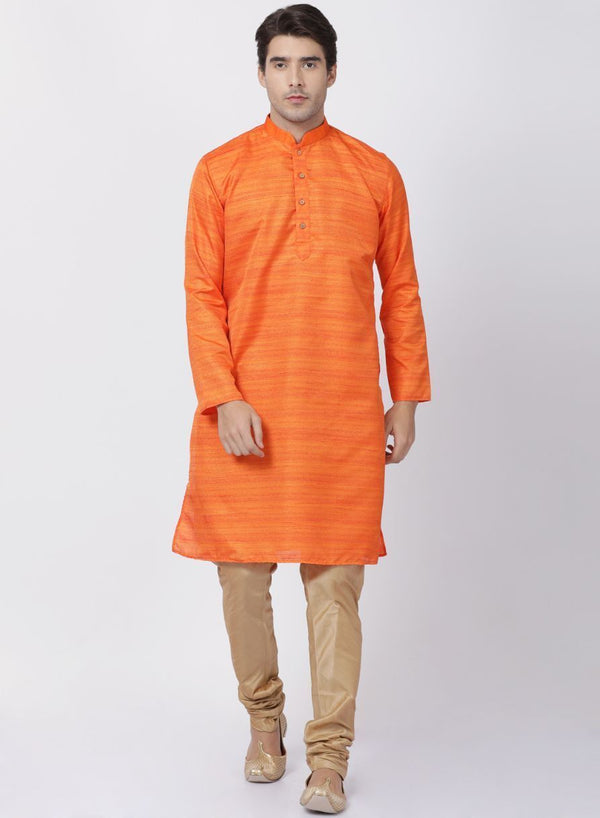 Men's Orange Cotton Silk Blend Kurta and Pyjama Set - Vastramay