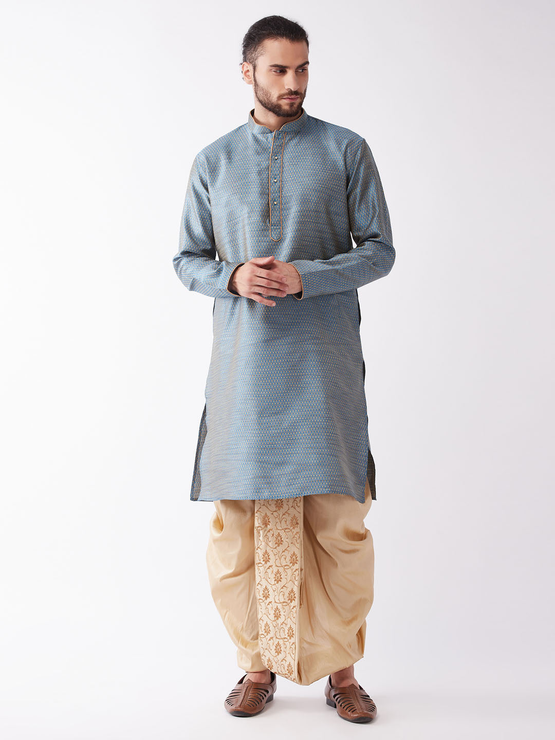 Men's Aqua Blue And Gold Silk Blend Kurta And Dhoti Set - Vastramay