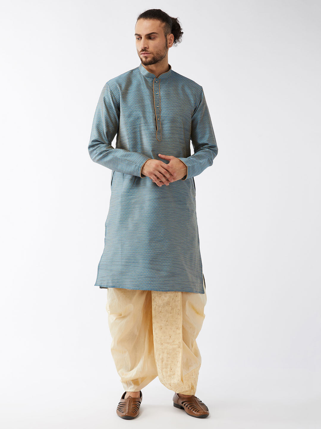 Men's Aqua Blue And Gold Silk Blend Kurta And Dhoti Set - Vastramay