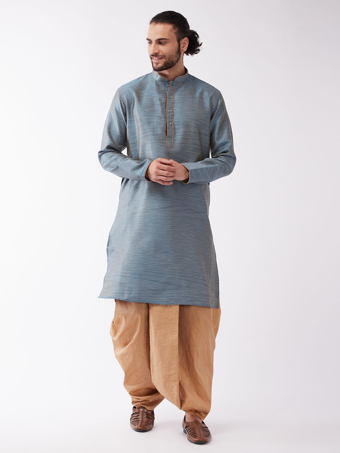 Men's Aqua Blue And Rose Gold Silk Blend Kurta And Dhoti Set - Vastramay