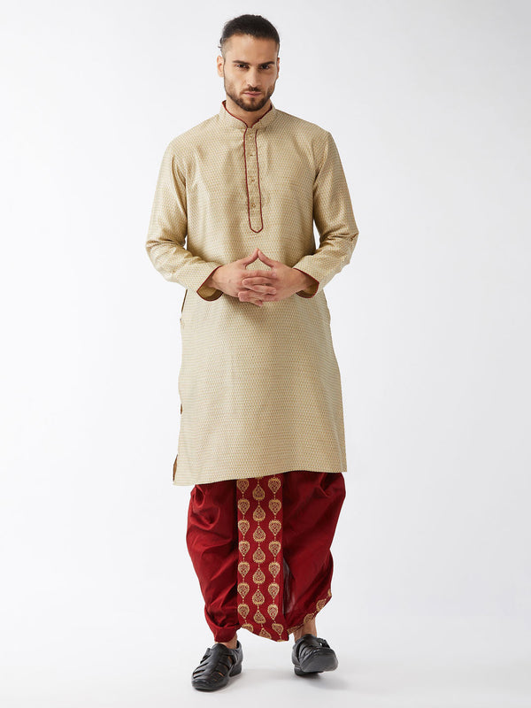 Jashvi Men's Beige And Maroon Silk Blend Kurta And Dhoti Set