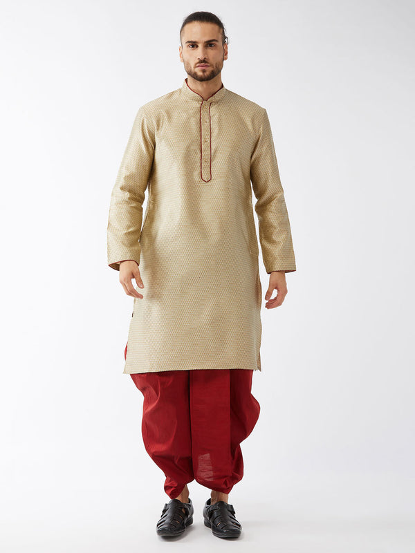 Jashvi Men's Beige And Maroon Silk Blend Kurta And Dhoti Set