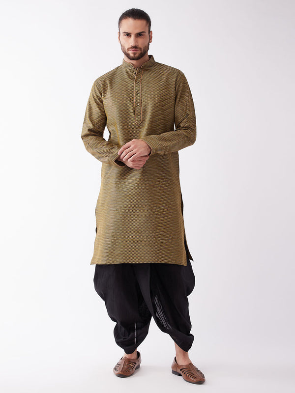 Jashvi Men's Black And Gold Silk Blend Kurta And Dhoti Set