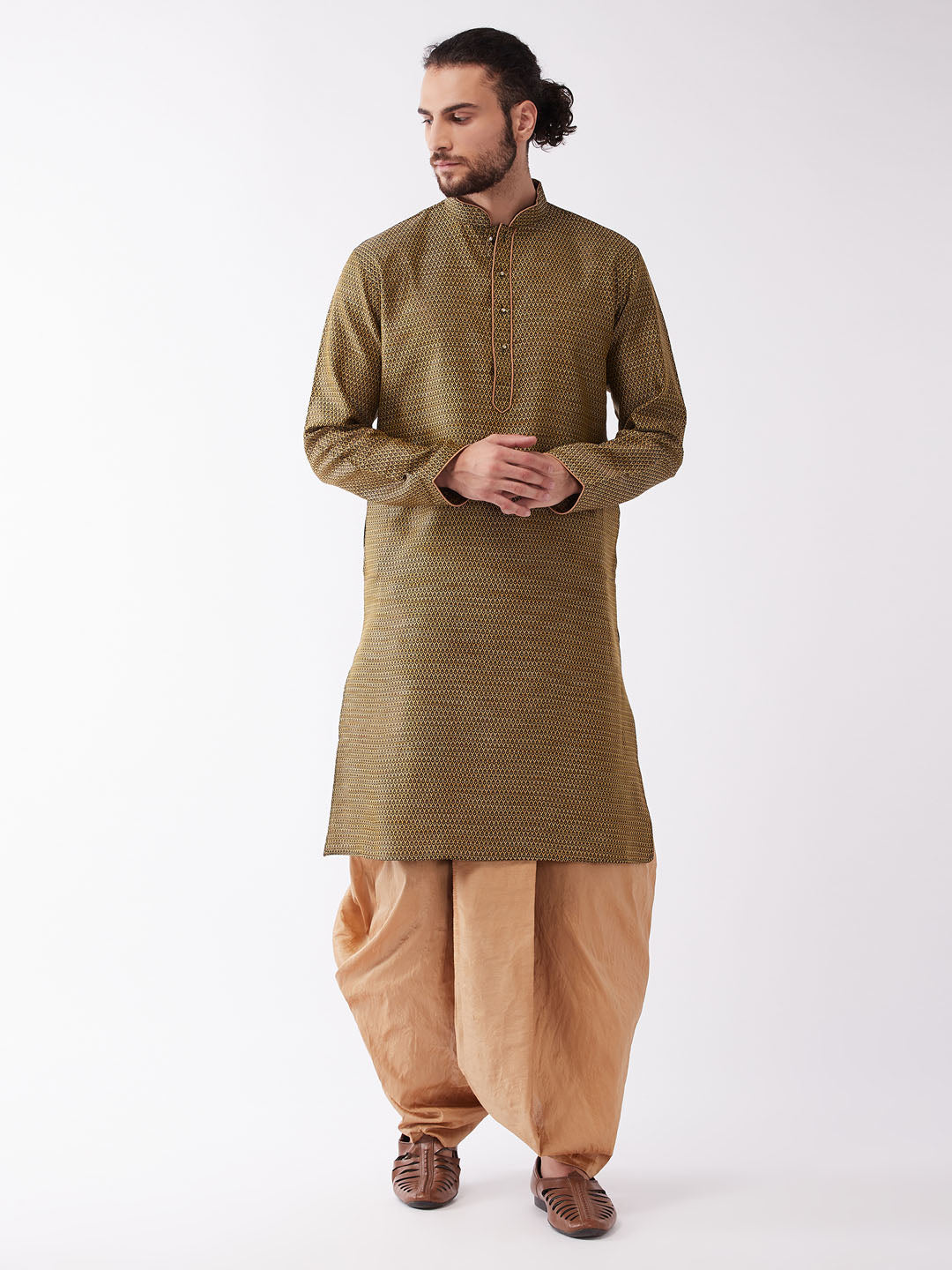 Men's Black And Rose Gold Silk Blend Kurta And Dhoti Set - Vastramay