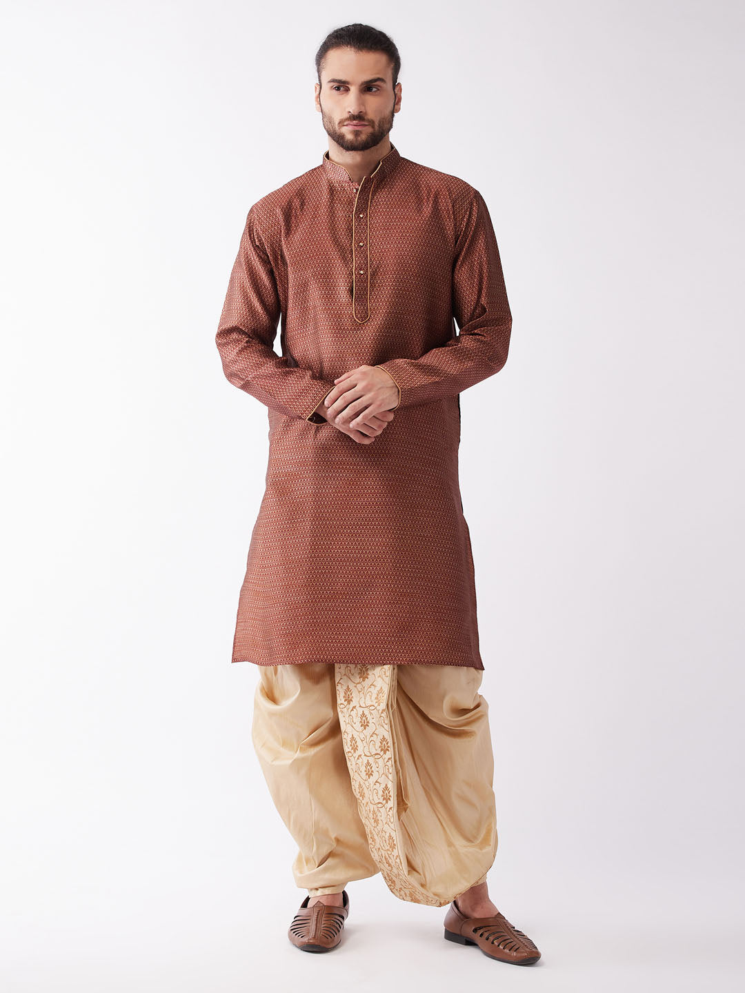 Men's Maroon And Gold Silk Blend Kurta And Dhoti Set - Vastramay