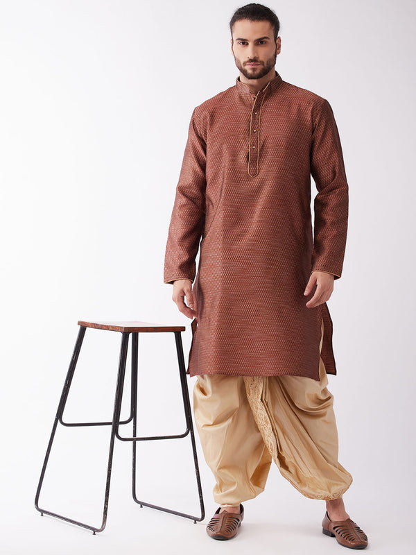 Jashvi Men's Maroon And Gold Silk Blend Kurta And Dhoti Set