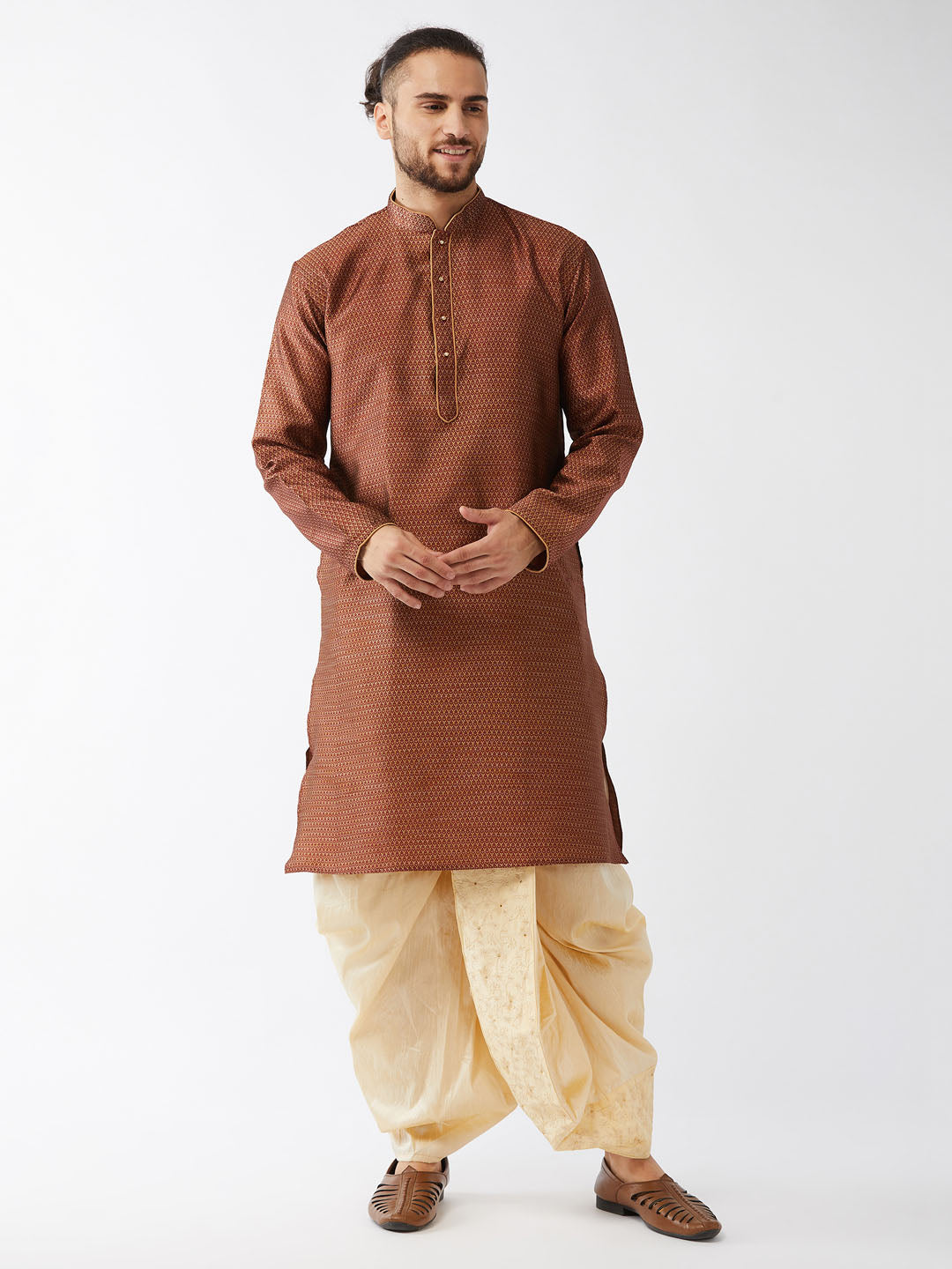 Men's Maroon And Gold Silk Blend Kurta And Dhoti Set - Vastramay