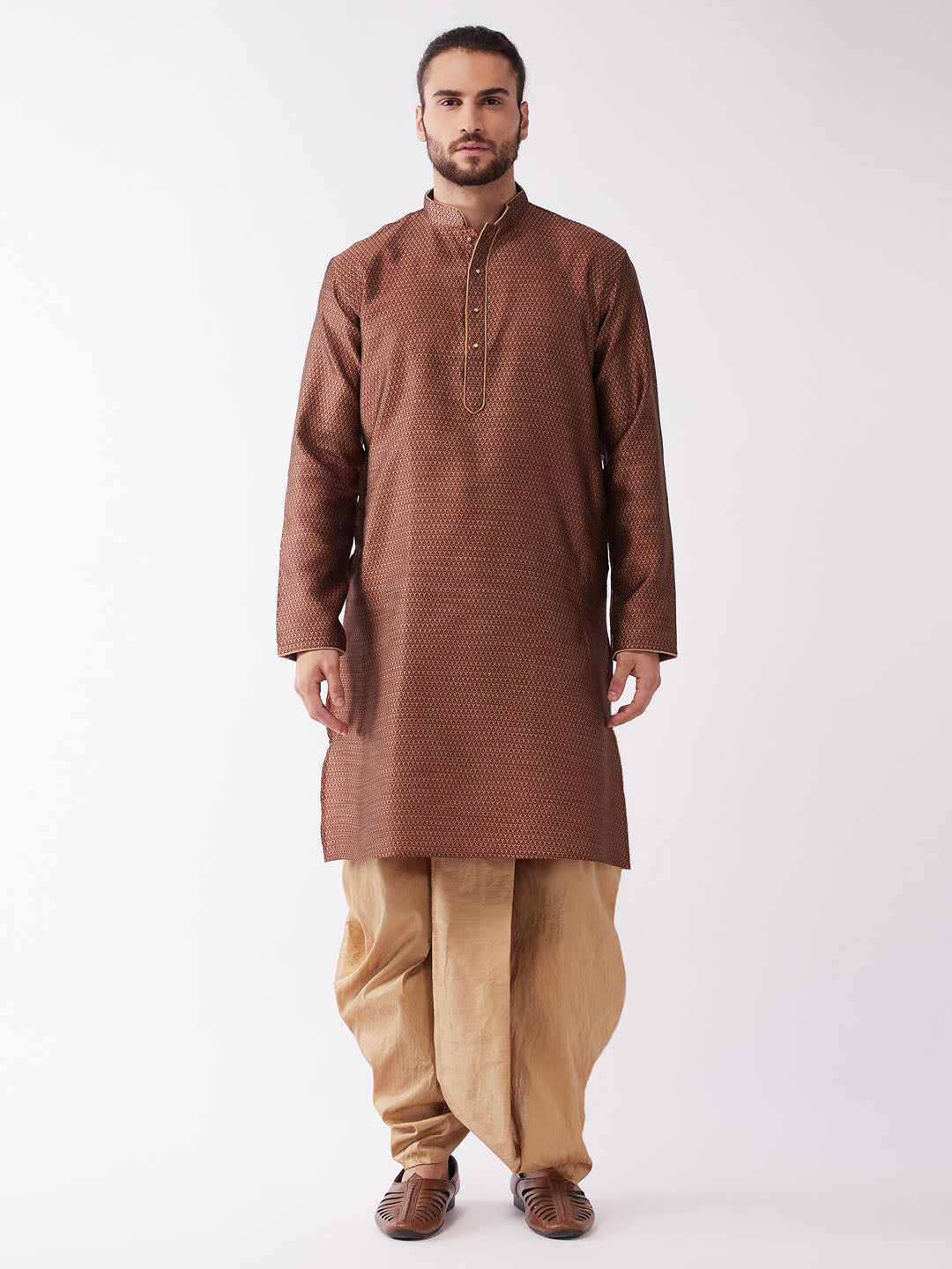 Men's Maroon And Rose Gold Silk Blend Kurta And Dhoti Set - Vastramay