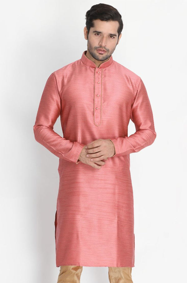 Men's Pink Cotton Silk Blend Kurta - Vastramay