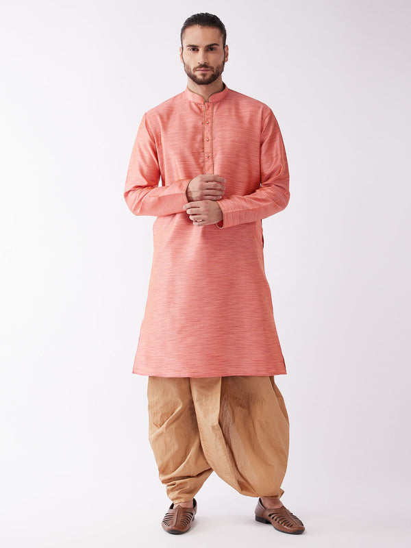 Jashvi Men's Pink And Rose Gold Silk Blend Kurta And Dhoti Set