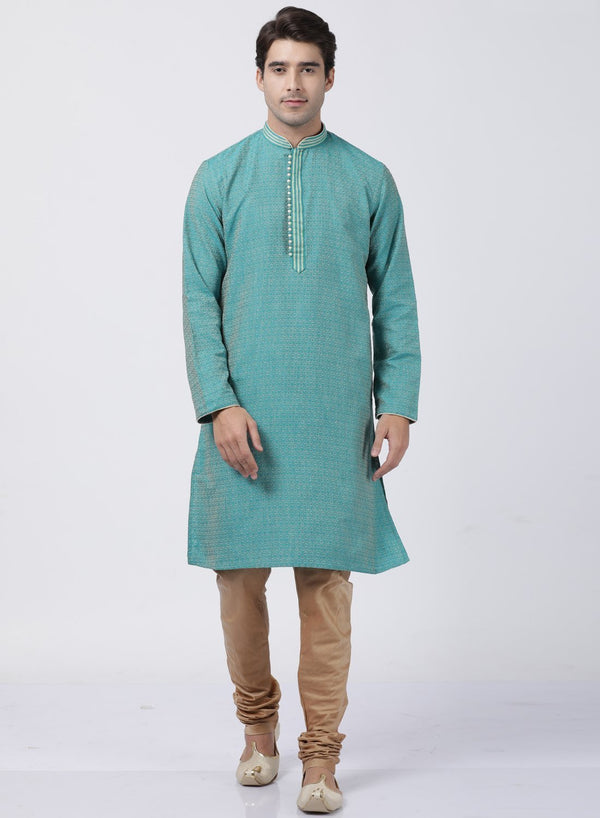 Men's Green Cotton Silk Blend Kurta and Pyjama Set - Vastramay