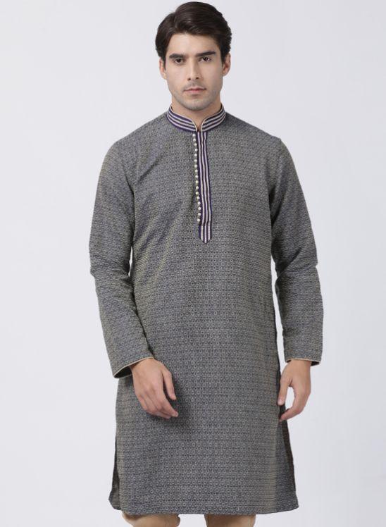 Men's Dark Blue Cotton Silk Blend Kurta - Vastramay