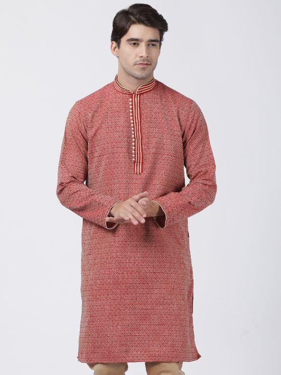 Jashvi Men's Red Silk Blend Kurta