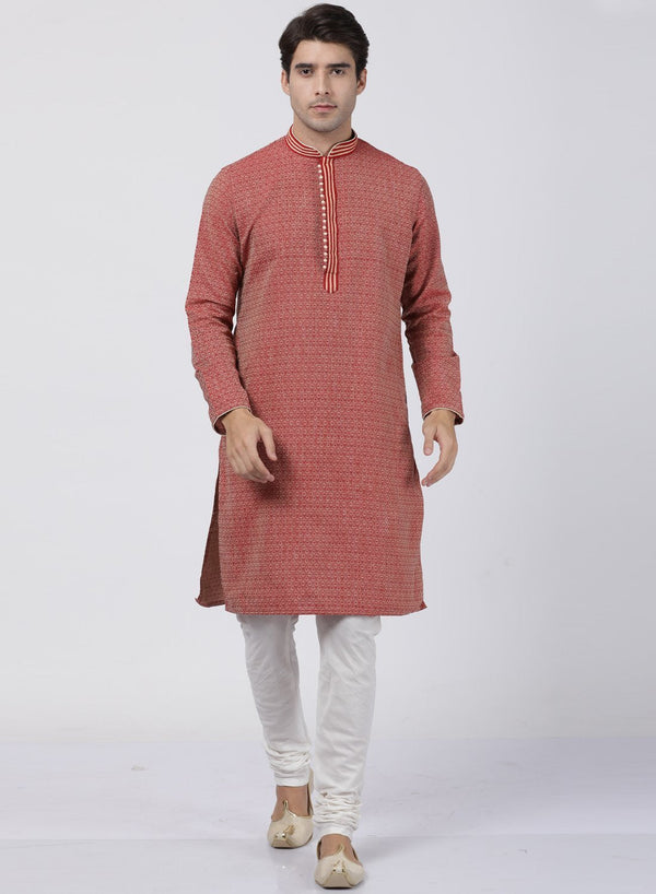 Men's Red Cotton Silk Blend Kurta and Pyjama Set - Vastramay