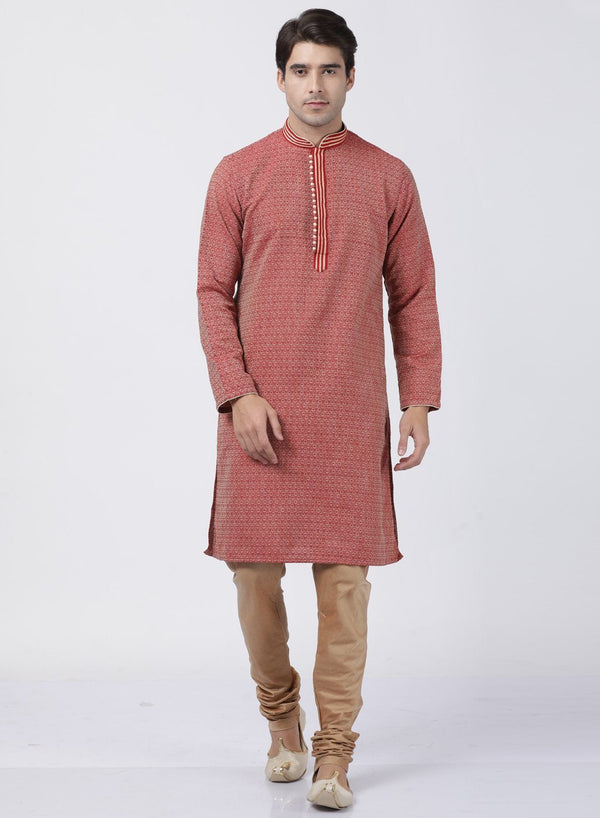 Men's Red Cotton Silk Blend Kurta and Pyjama Set - Vastramay