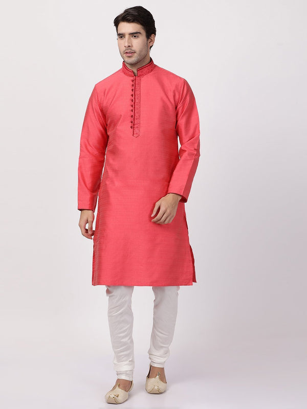 Men's Pink Cotton Silk Blend Kurta and Pyjama Set - Vastramay