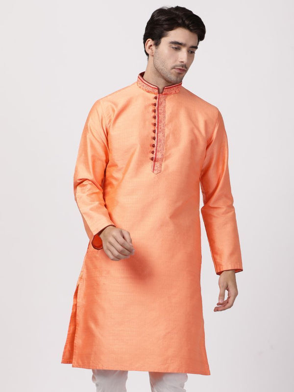 Men's Peach Cotton Silk Blend Kurta - Vastramay