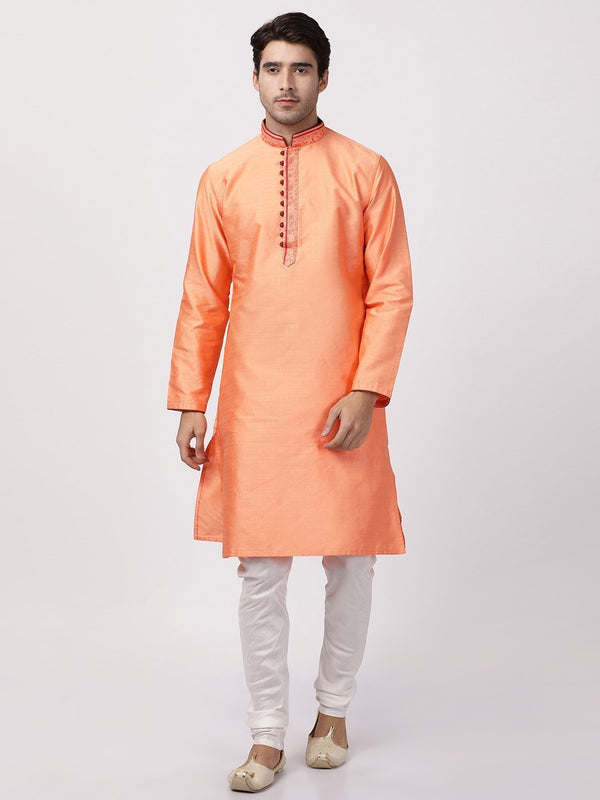 Men's Peach Cotton Silk Blend Kurta and Pyjama Set - Vastramay