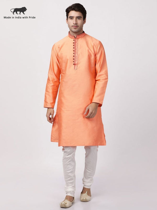 Men's Light Fawn Color Cotton Silk Blend Kurta and Pyjama Set