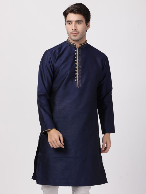 Men's Dark Blue Cotton Silk Blend Kurta - Vastramay