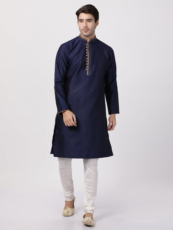 Men's Dark Blue Cotton Silk Blend Kurta and Pyjama Set - Vastramay