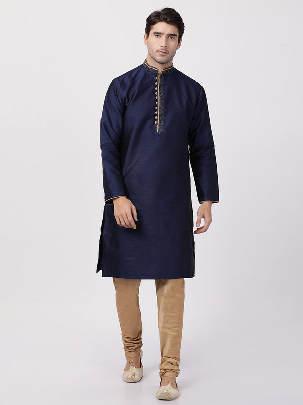 Men's Dark Blue Cotton Silk Blend Kurta and Pyjama Set - Vastramay