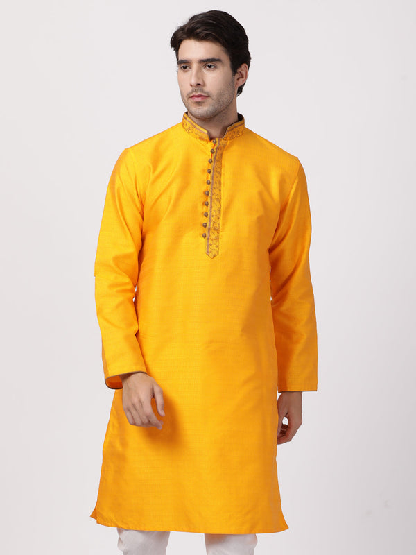 Jashvi Men's Orange Cotton Silk Blend Kurta