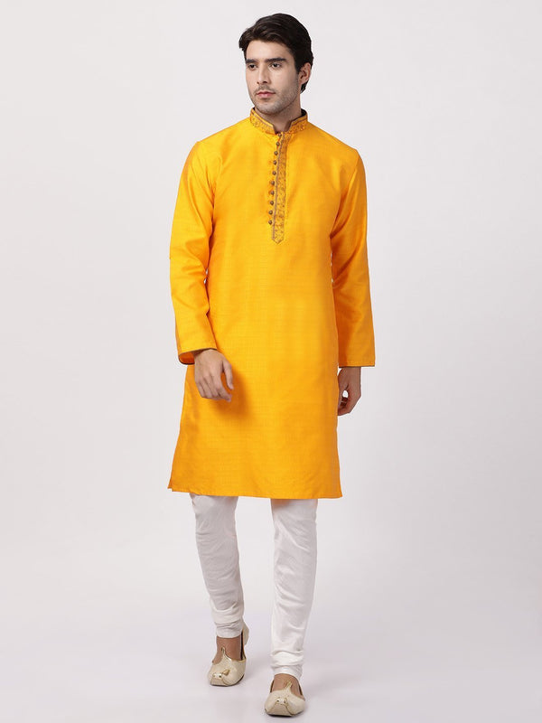 Men's Orange Cotton Silk Blend Kurta and Pyjama Set - Vastramay