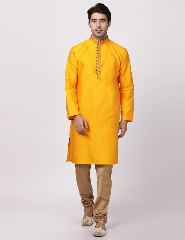 Men's Orange Cotton Silk Blend Kurta and Pyjama Set - Vastramay