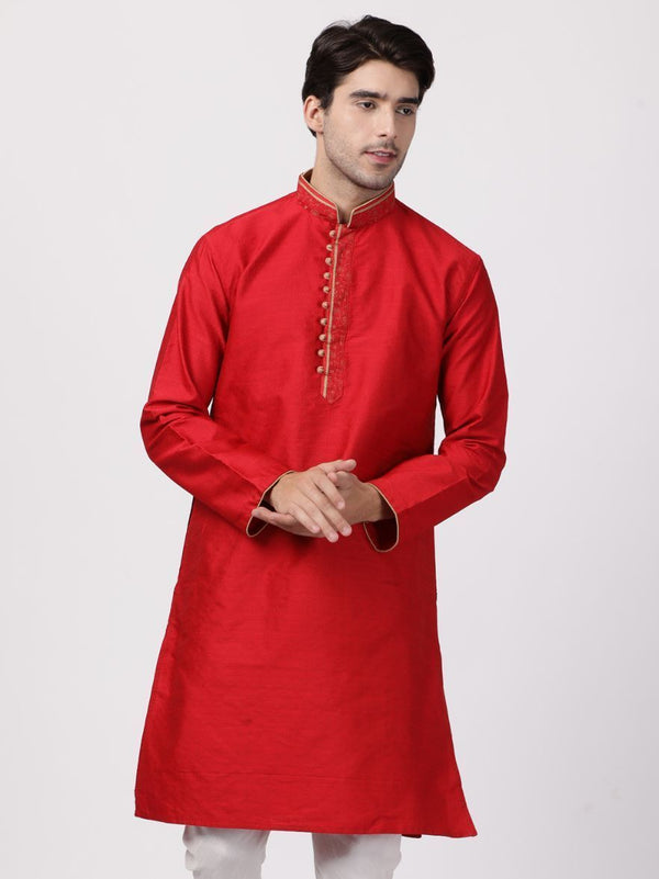 Men's Red Cotton Silk Blend Kurta - Vastramay