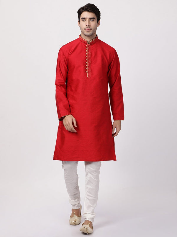 Men's Red Cotton Silk Blend Kurta and Pyjama Set - Vastramay