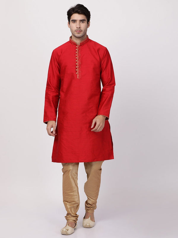 Men's Red Cotton Silk Blend Kurta and Pyjama Set - Vastramay