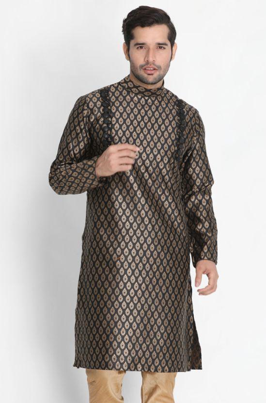 Men's Black Cotton Silk Blend Kurta - Vastramay