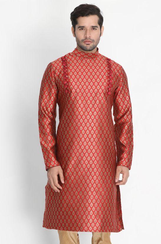 Men's Maroon Cotton Silk Blend Kurta - Vastramay