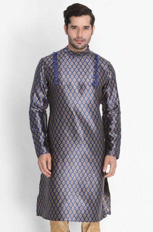 Men's Dark Blue Cotton Silk Blend Kurta - Vastramay