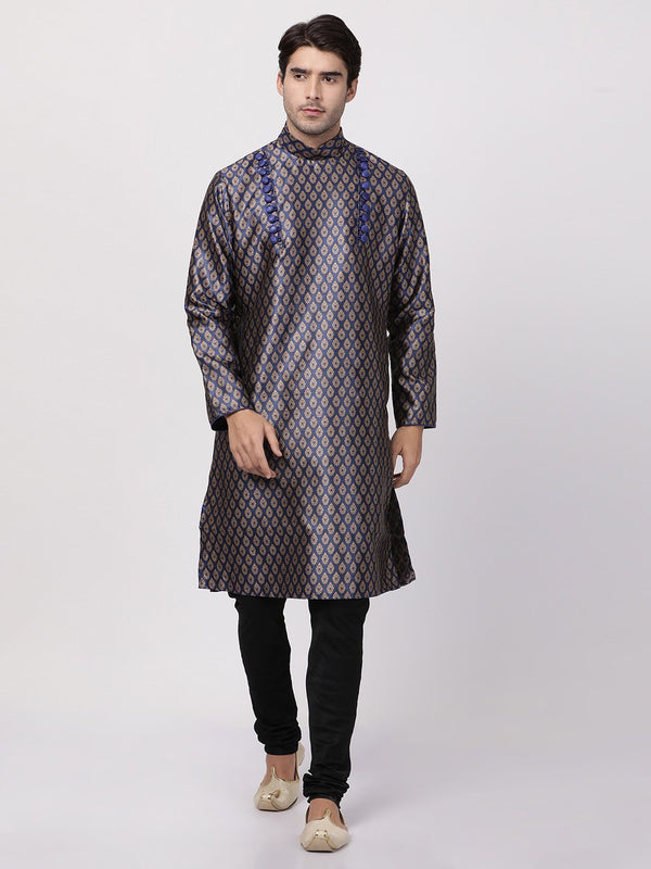 Men's Dark Blue Cotton Silk Blend Kurta and Pyjama Set - Vastramay