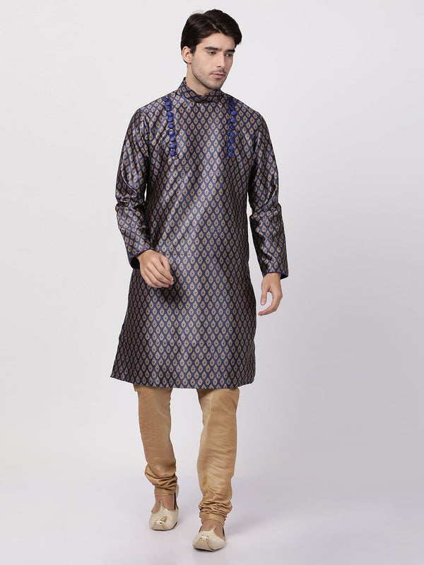 Men's Dark Blue Cotton Silk Blend Kurta and Pyjama Set - Vastramay