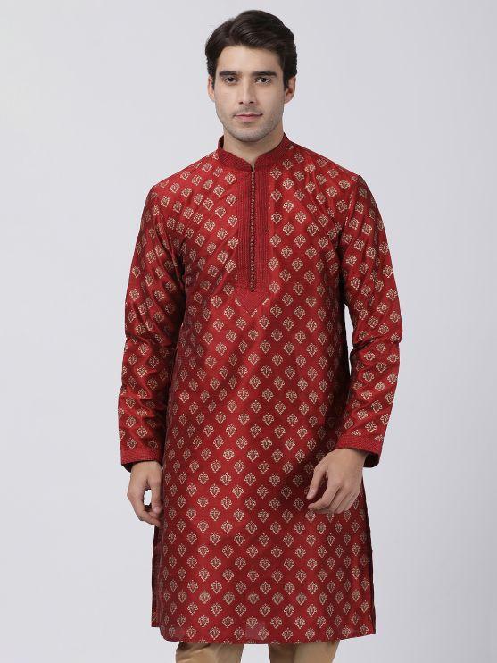 Men's Maroon Cotton Silk Blend Kurta - Vastramay