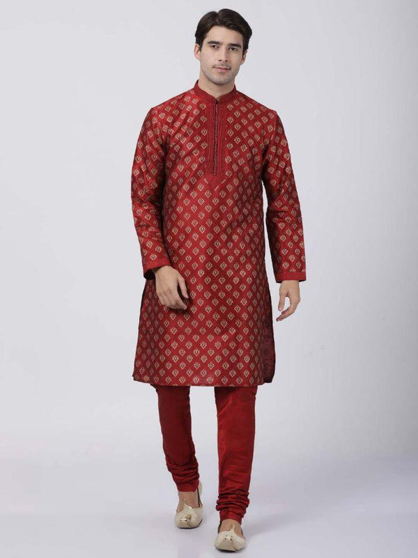 Men's Maroon Cotton Silk Blend Kurta and Pyjama Set - Vastramay