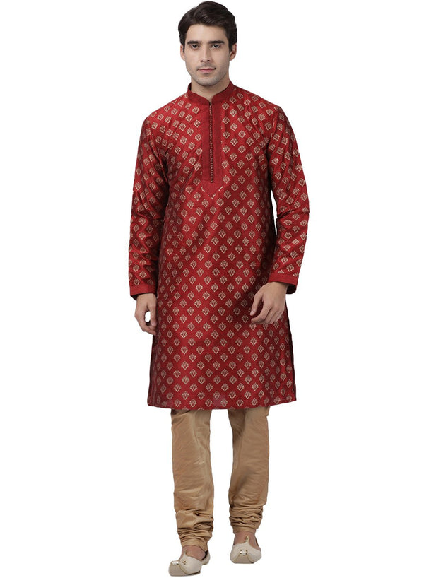 Men's Maroon Cotton Silk Blend Kurta and Pyjama Set - Vastramay