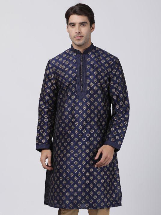 Jashvi Men's Navy Blue Cotton Silk Blend Kurta