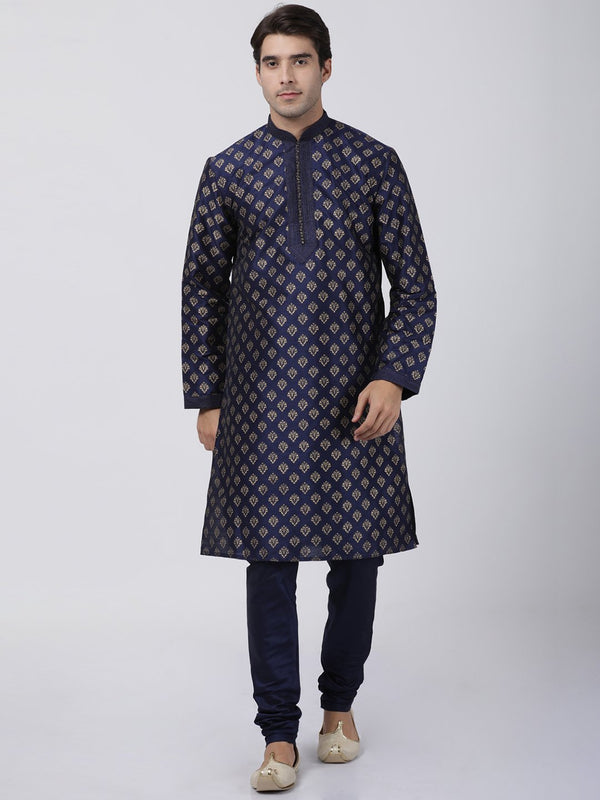 Men's Dark Blue Cotton Silk Blend Kurta and Pyjama Set - Vastramay