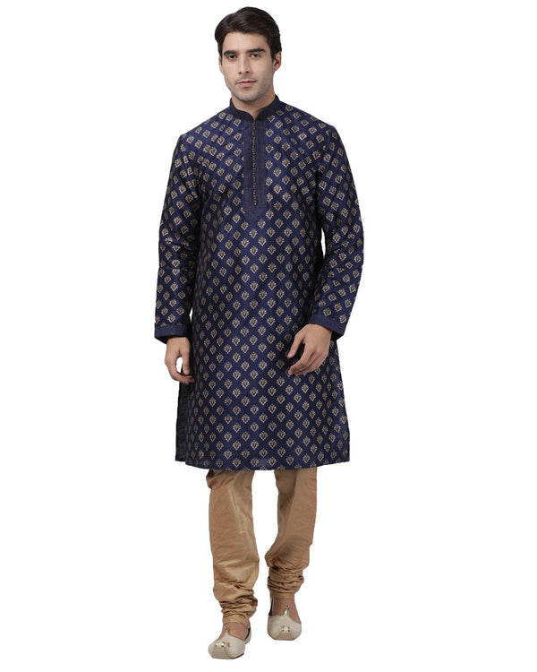 Men's Dark Blue Cotton Silk Blend Kurta and Pyjama Set - Vastramay